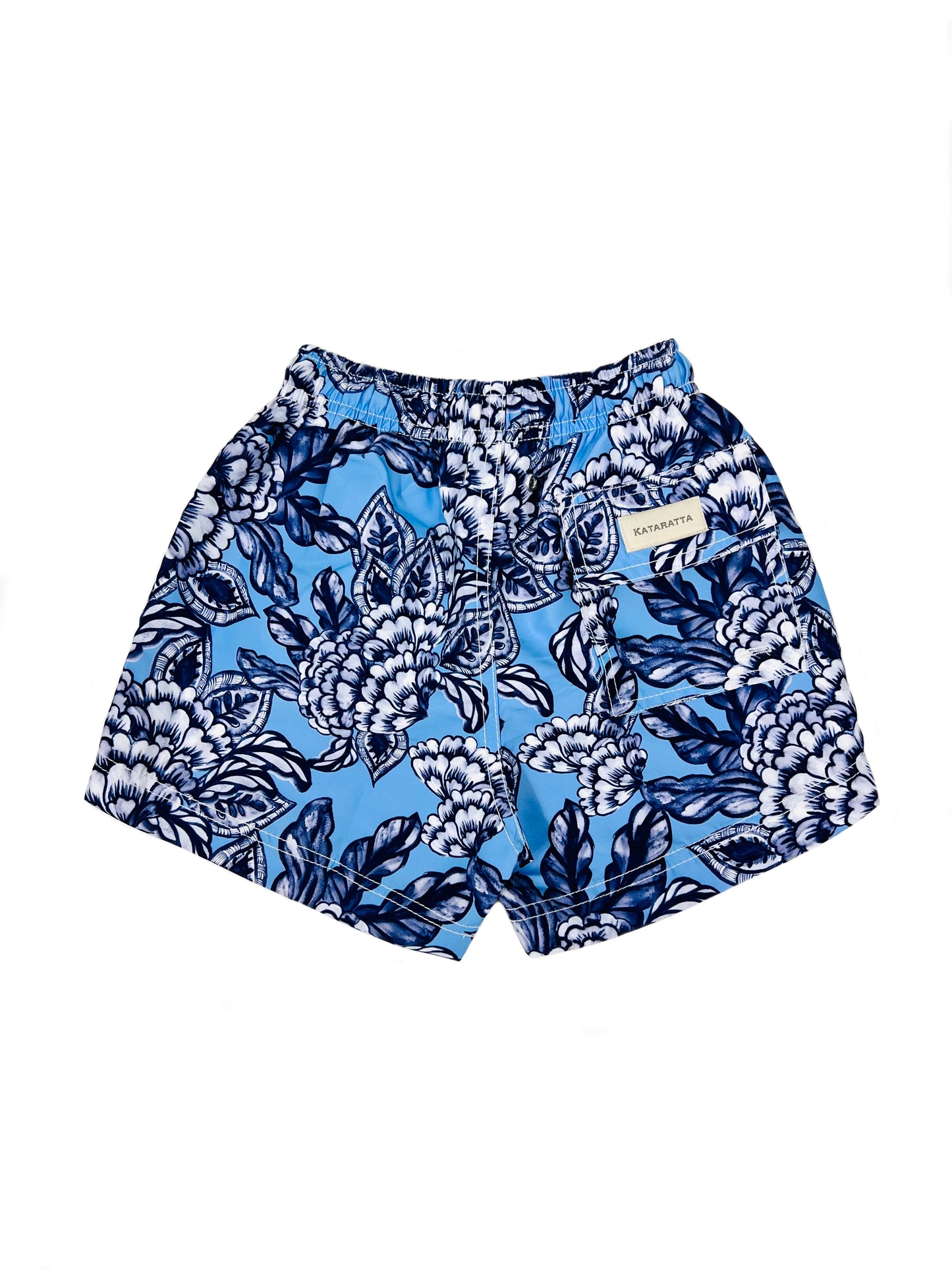 Blue floral print swim trunks